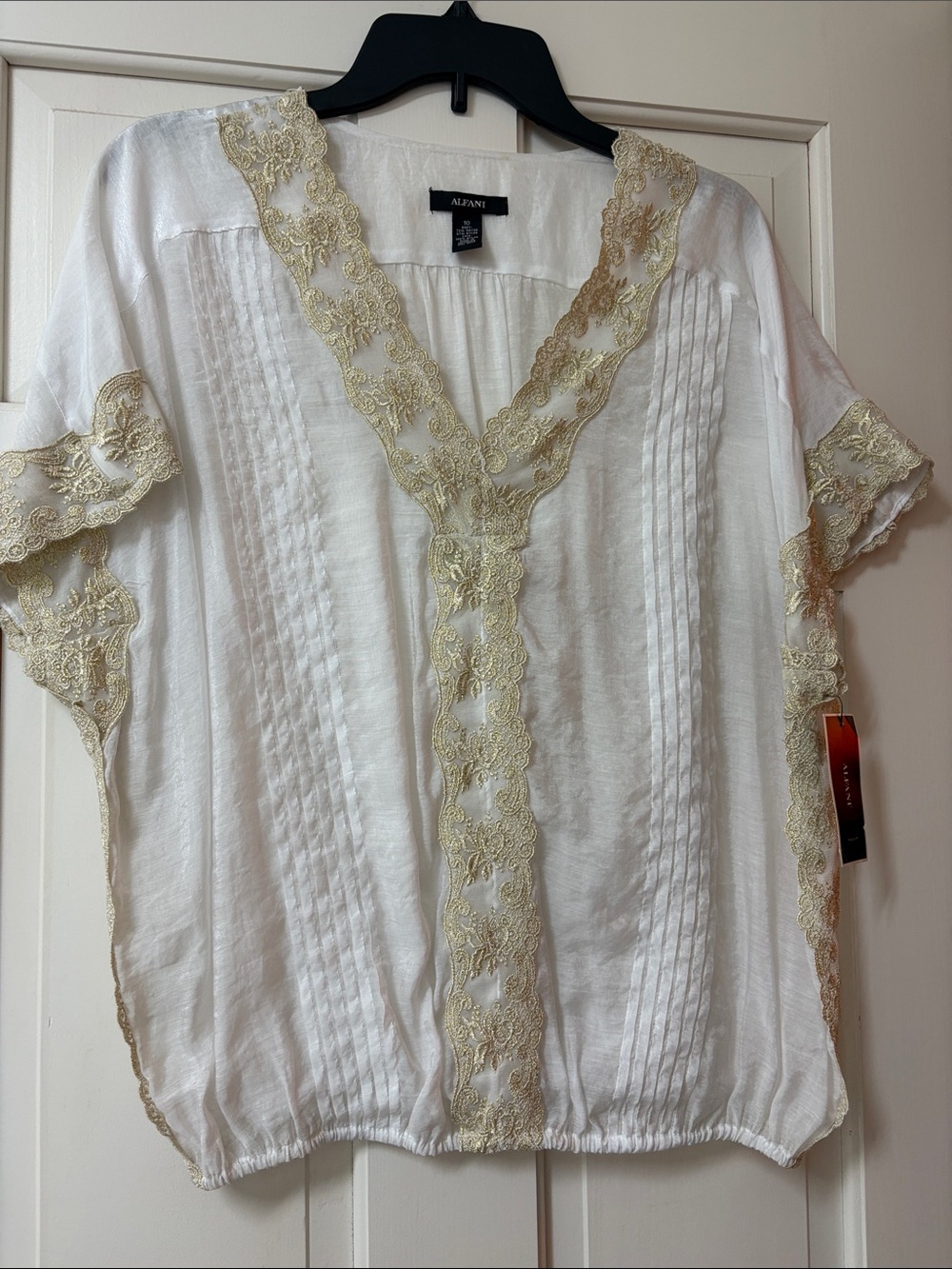 Alfani White Tunic Top with Gold Lace Trim
